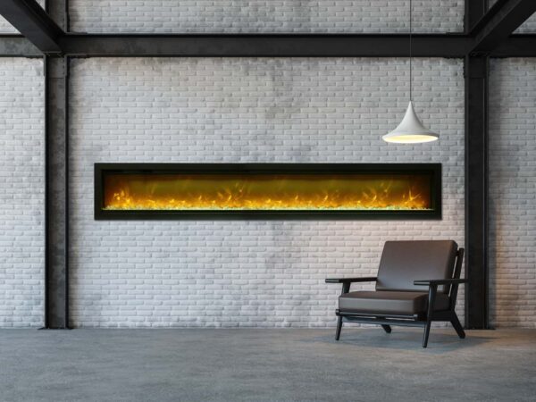 AMANTII SYM-100 LINEAR ELECTRIC FIREPLACE IN WHITE BRICK WALL