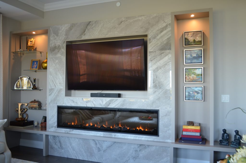 Dimplex XLF74 in custom fireplace wall with shelves