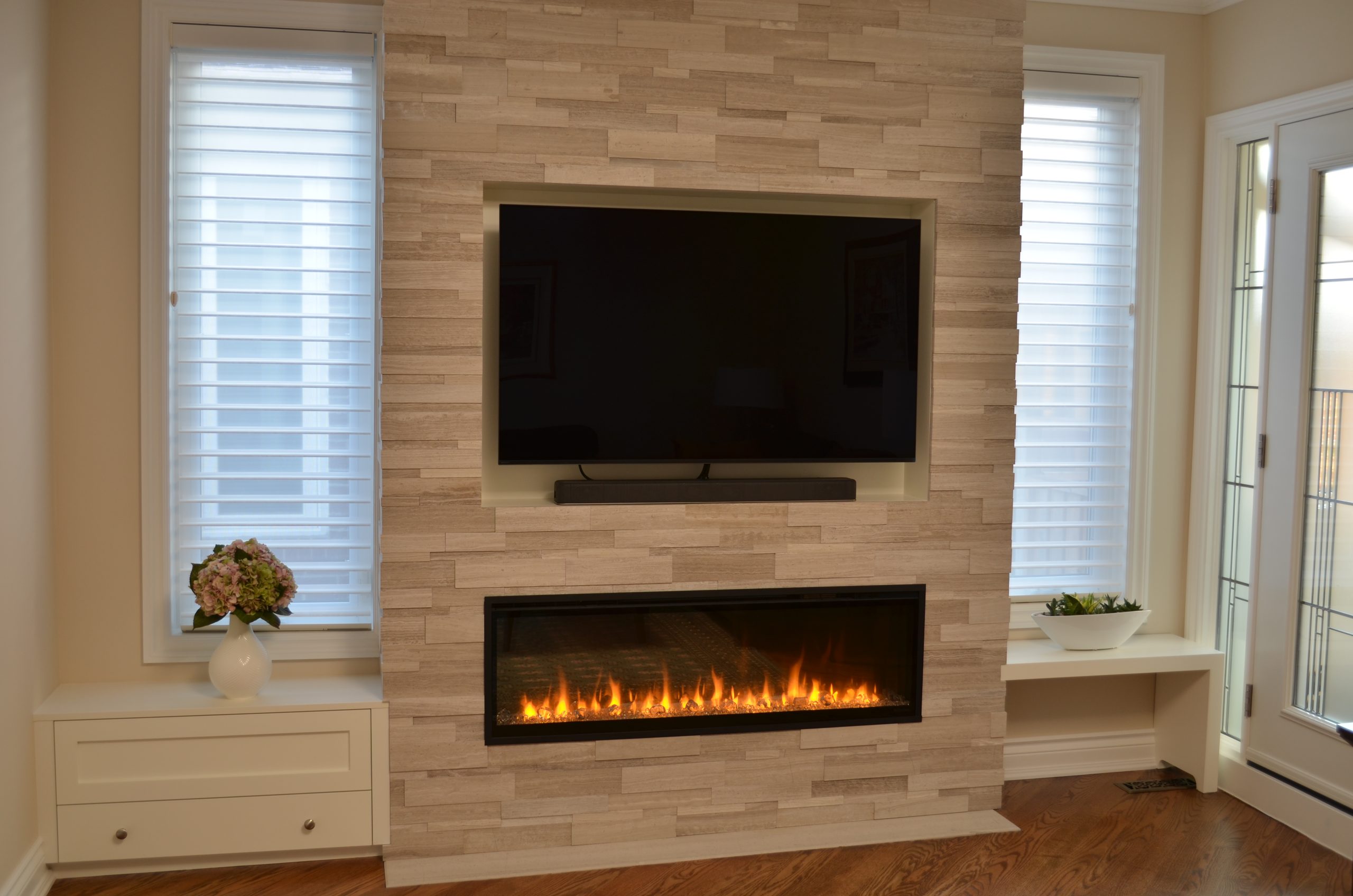 Fireplace wall with Erthcoverings Silver Fox strips + XLF60